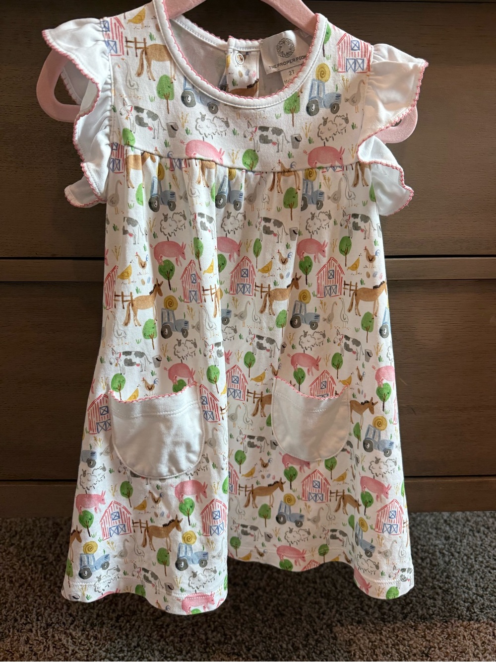 Girls' Farm Animal Print White Dress with Pink Trim